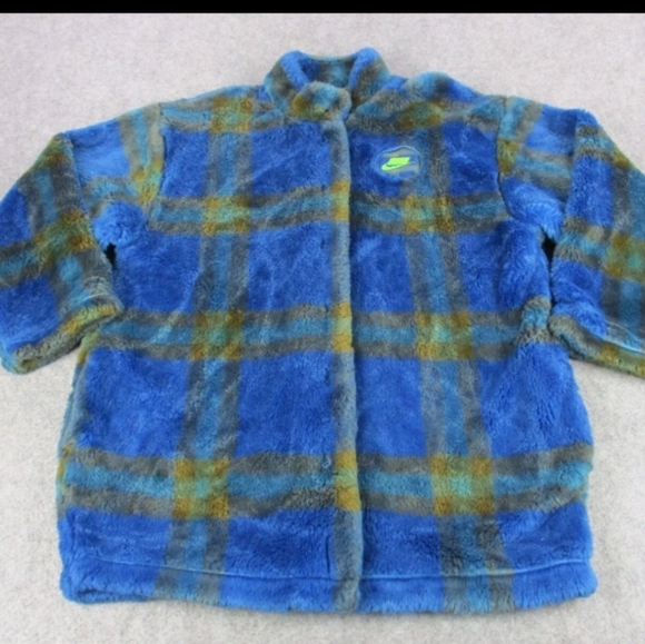 Blue & Green Oversized Faux Fur Plaid Button Front Pea Coat - Picture 7 of 16